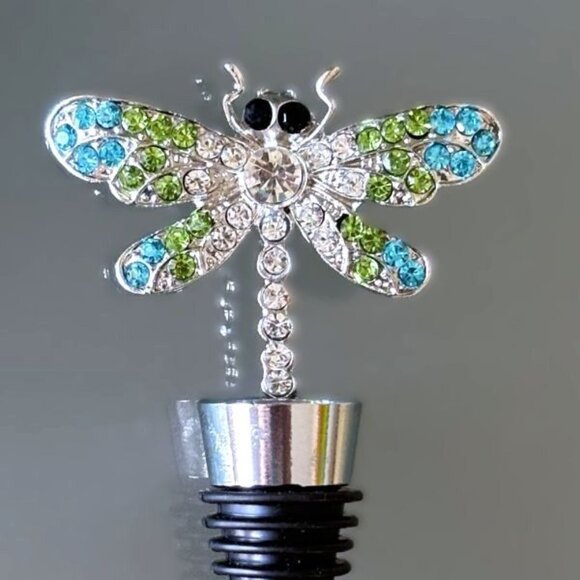 Barware Green Blue Clear Rhinestone Dragonfly Garden Insect Wine Bottle Stopper - Picture 1 of 3